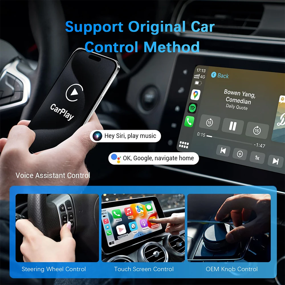 Mini adaptador 2 em 1 AI Box com fio para Carplay sem fio e Android Auto compatível com 99% de carros Plug and Play WiFi Smart Dongle
