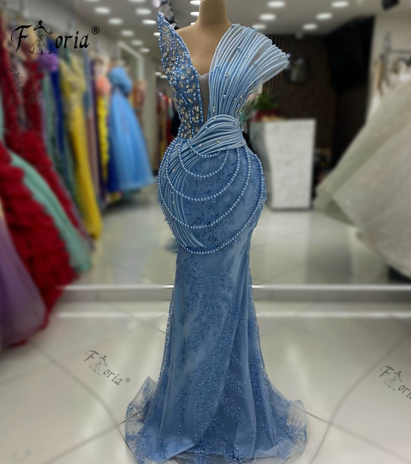 Elegante Perlen Perle Meerjungfrau formelle Party kleid Vestidos de Fiesta blaue Quaste arabische Abend Abschluss ball Anlass Kleider nach Maß