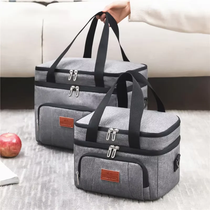 Bolsa de almuerzo multifuncional de doble capa para mujeres y hombres, fiambrera de Picnic de viaje de gran capacidad con correa para el hombro