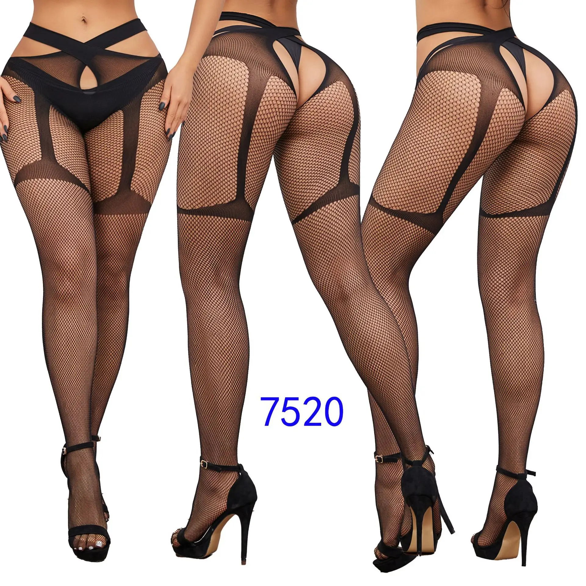 Femmes Sexy jarretelles bas ouvert entrejambe collants résille collants mode chaude soirée maille Net Leggings jarretelles bonneterie