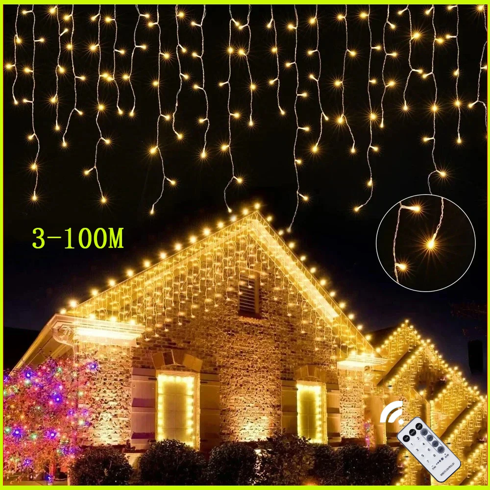 Christmas Decorations 2026 For Home Outdoor LED Curtain Icicle String Light Street Garland On The House Winter New Year Decor