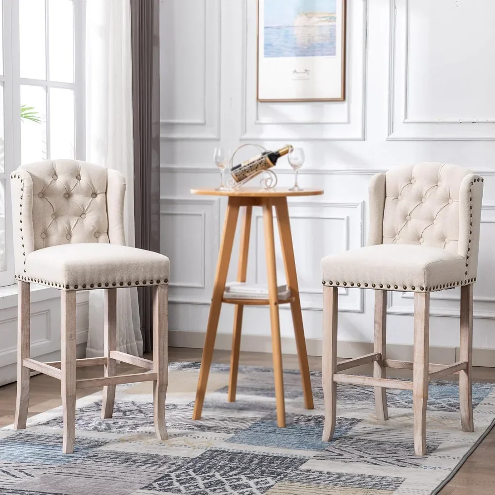 Classic Tufted 30 Inch Bar Stools Set of 2,Linen Upholstered Counter Chairs with Back,Armless Barstools Breakfast Stools W/Solid