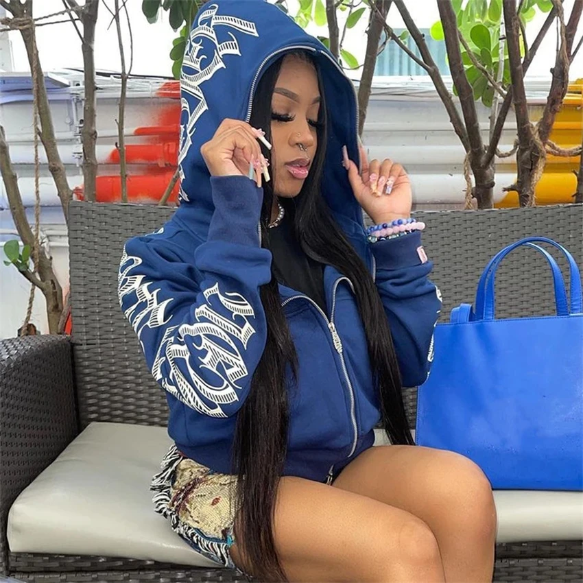 Hoodie com zíper impresso com letra feminina, gótico, punk, streetwear, jaquetas, cardigã, moletons, Cyber, Y2K, inverno, novo, 2021