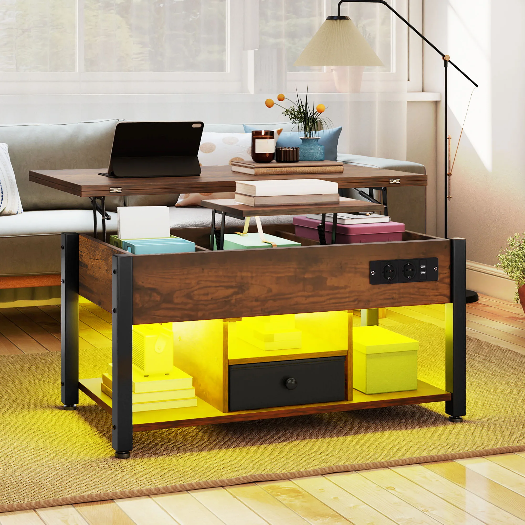 YITAHOME Vintage brauner 4-in-1-Couchtisch – höhenverstellbar, wandelt sich um einen Esstisch mit Stauraum und LED-Beleuchtung um