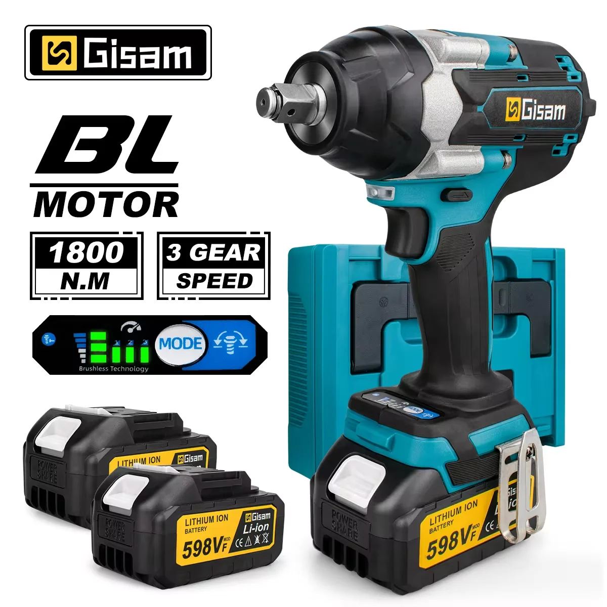 Gisam 1800N.M Torque Brushless Electric Impact Wrench 1/2 inch Cordless Wrench Screwdriver Power Tool For Makita 18V Battery Pin