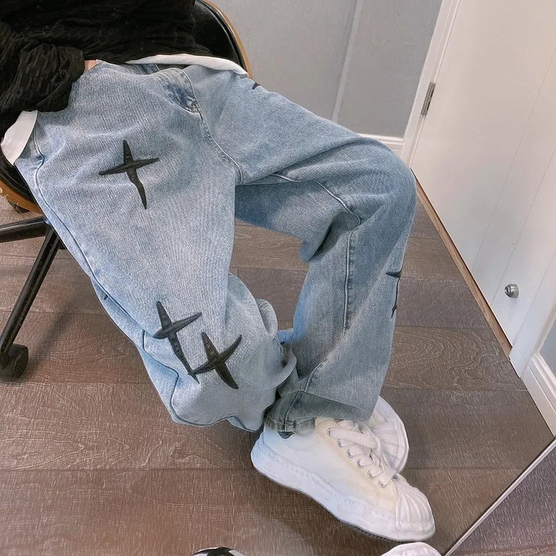 Pantalones Cargo de mezclilla holgados informales rectos a la moda Vintage para novio, pantalones vaqueros con estampado de estrellas para hombre, ropa de calle, pantalones vaqueros de pierna ancha holgados