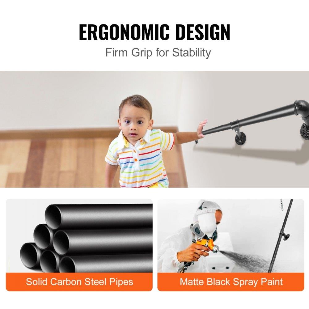 6FT Heavy Duty Industrial Pipe Handrail - 440LBS Capacity, Wall-Mounted Carbon Steel, Round Corner Design for indoor /Outdoor