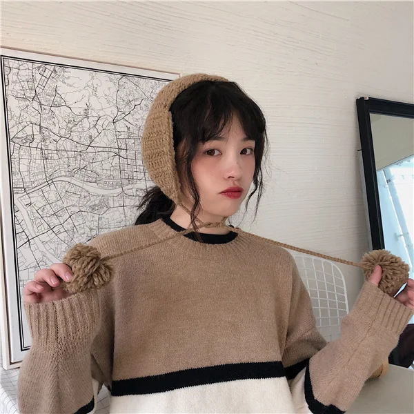 Ins 귀여운 타이드 니트 이어 백, 부드러운 자매 스트랩, 귀 보호, 따뜻한 벨벳 귀마개, 여성 레트로, 가을 및 겨울