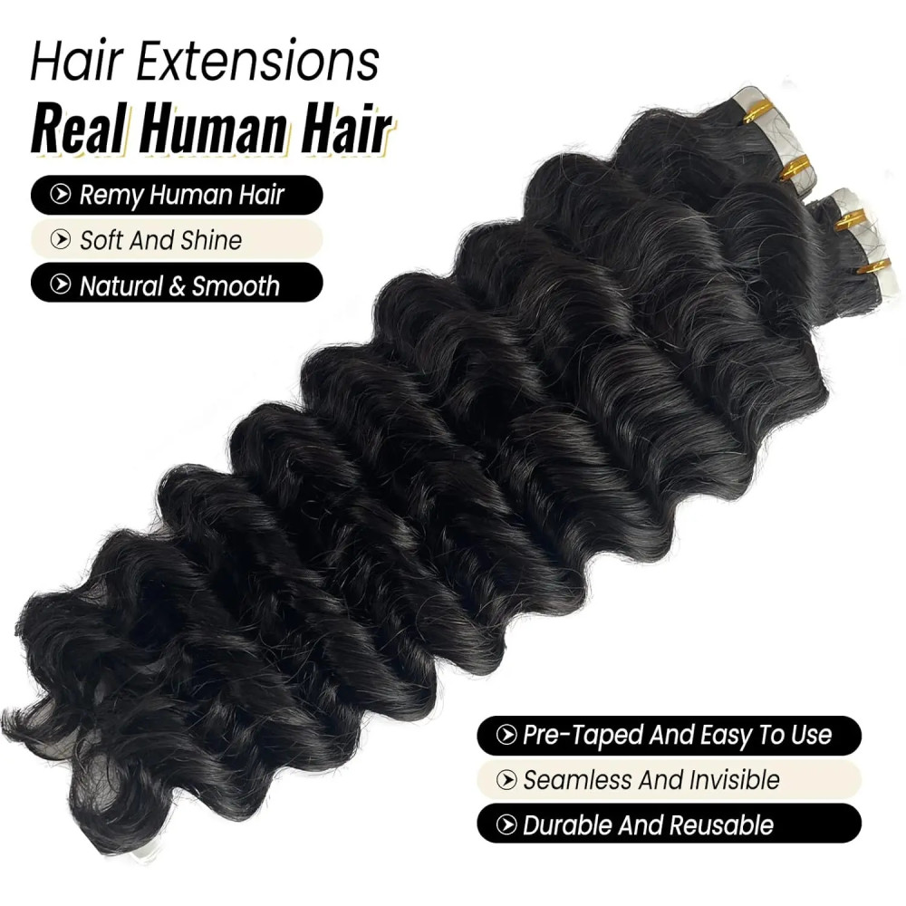 Taśma Deep Wave do przedłużania włosów Ludzkie włosy brazylijskie 100% kręcone Taśma do przedłużania ludzkich włosów Naturalna czerń Salon Wysoka jakość
