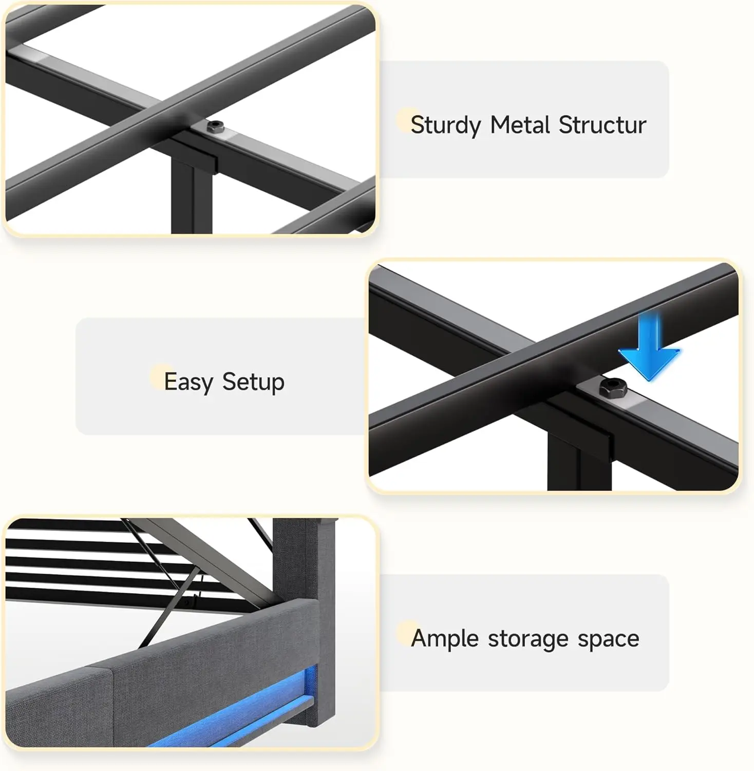 Twin Size Lift Up Storage Bed Frame, Storage Headboard with Charging Station, LED Lights Upholstered Platform Bed
