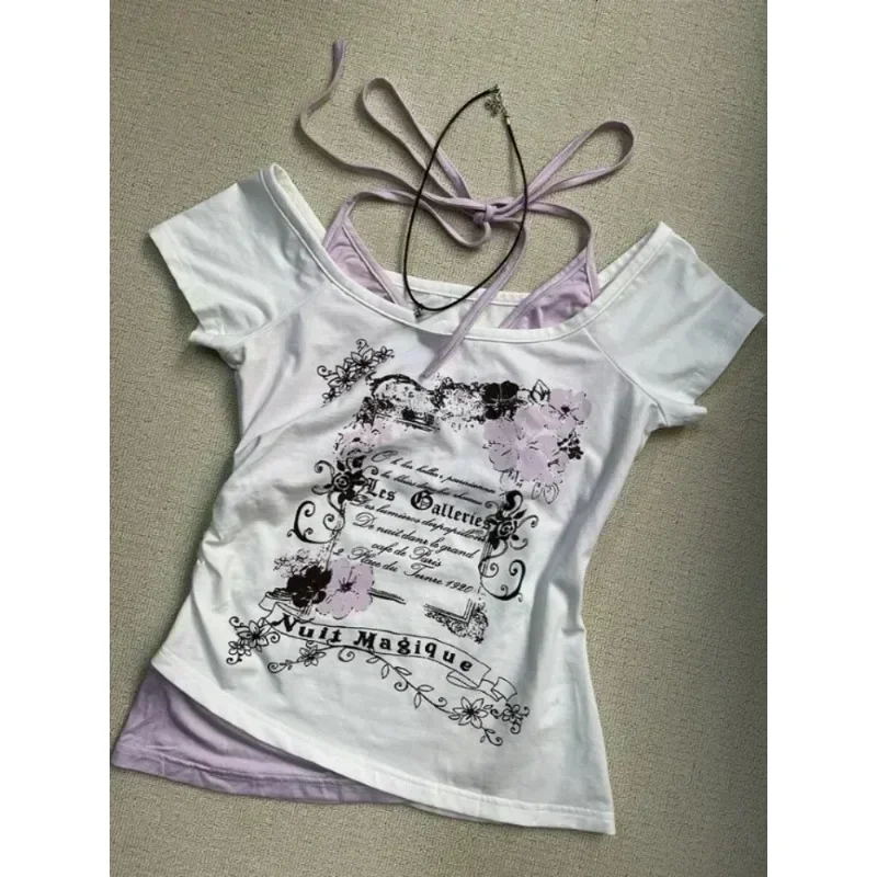 夏偽二枚ホルター包帯ヴィンテージ Tシャツ Y2k 美的スリムクロップトップス女性グランジプリント原宿カジュアルセクシーな Tシャツ