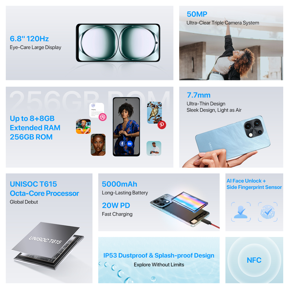 UMIDIGI Note 100 Android 14 Smartphone Octa-Core 6.8” HD+120Hz 50MP Camera 8GB 256GB/6GB 128GB 20W 5000mAh DualSIM NFC Cellphone