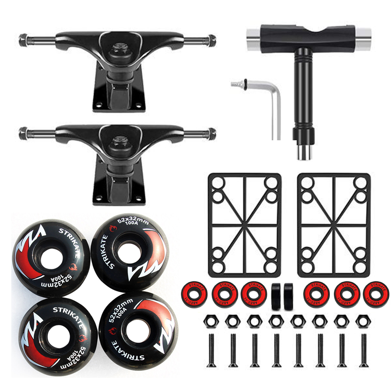 STRIKATE Caminhão de skate impresso de 5 polegadas com rodas PU STRIKATE de 52 mm Rolamento de skate Pro 3 mm riserpad 29 mm Kit de hardware