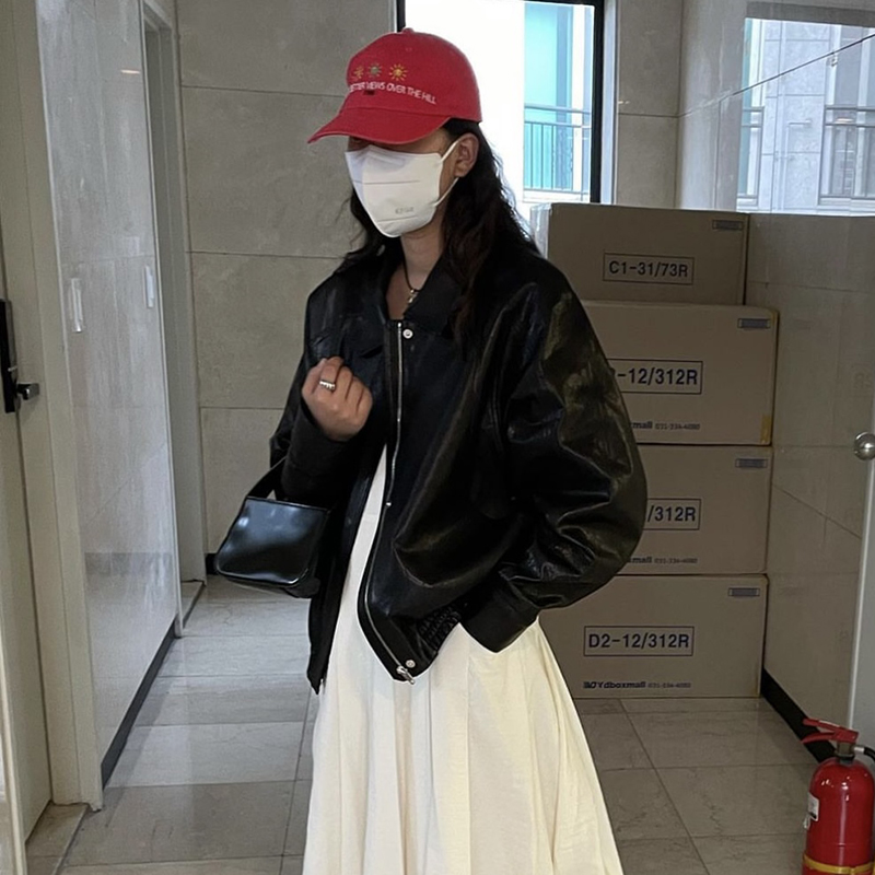 Ethos Slimming Black Biker Loose PU Short Leather Jacket Women's 2024 New Sle Commute Loose Fit Synthetic Leather Zipper