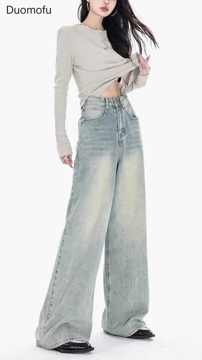 Duomofu-pantalones vaqueros holgados para mujer, Jeans rectos de longitud completa, color azul claro, Vintage, clásico, botón Simple, moda informal, otoño