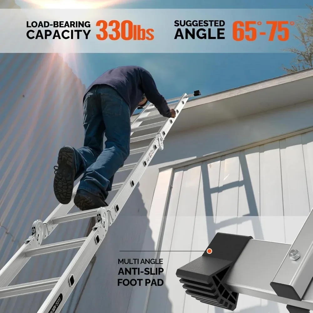 15.5FT Folding Ladder Multi-Purpose Aluminum Extension, 7 in 1 Heavy Duty Step & Combo, EN131 Certified
