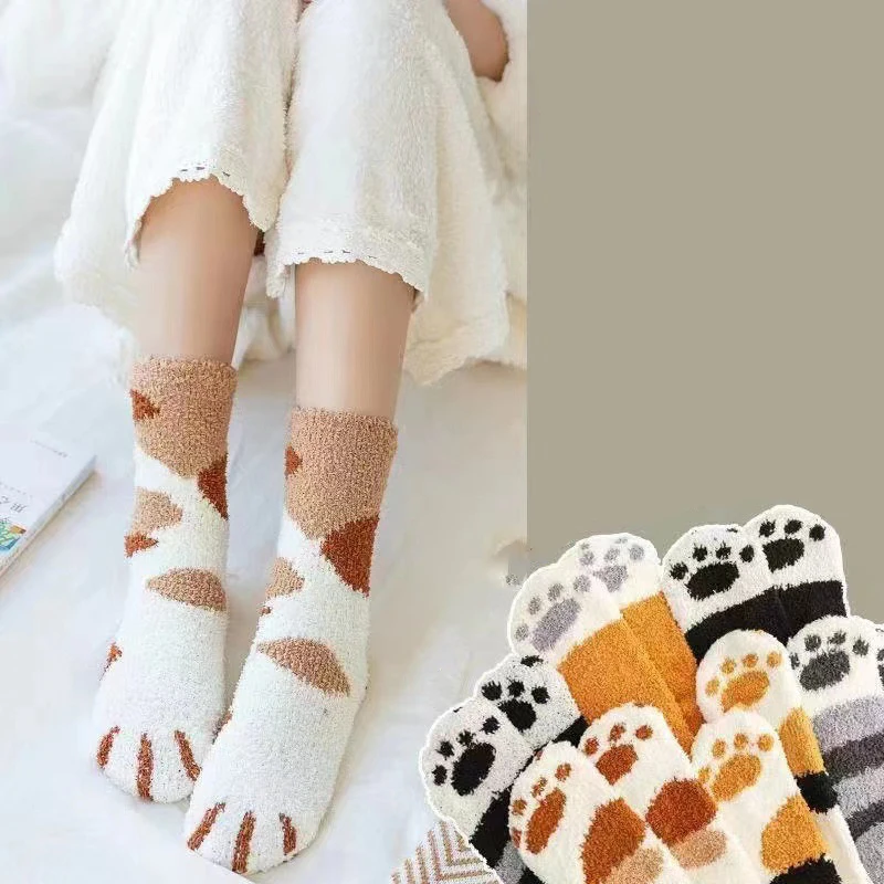 1/6 Pairs Vrouwen Herfst Winter Dikke Warme Kat Poot Patroon Mid Tube Sokken Comfortabele Zweetabsorberende Coral Fleece Casual Sokken