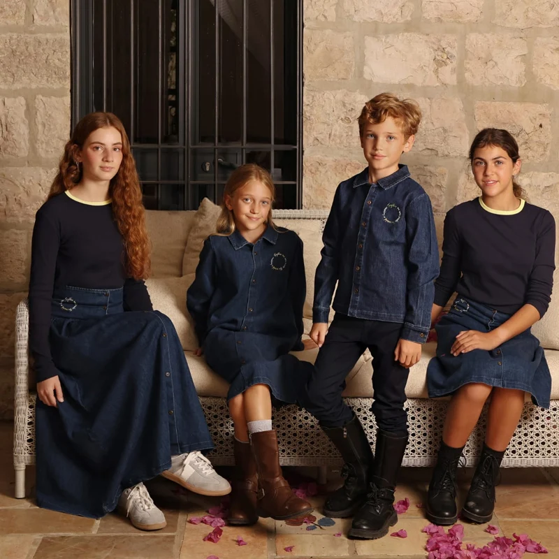 Denim blue family set girls dress boy casual shirt baby rompers family sbling set long sleeves children clothes logo embroidery
