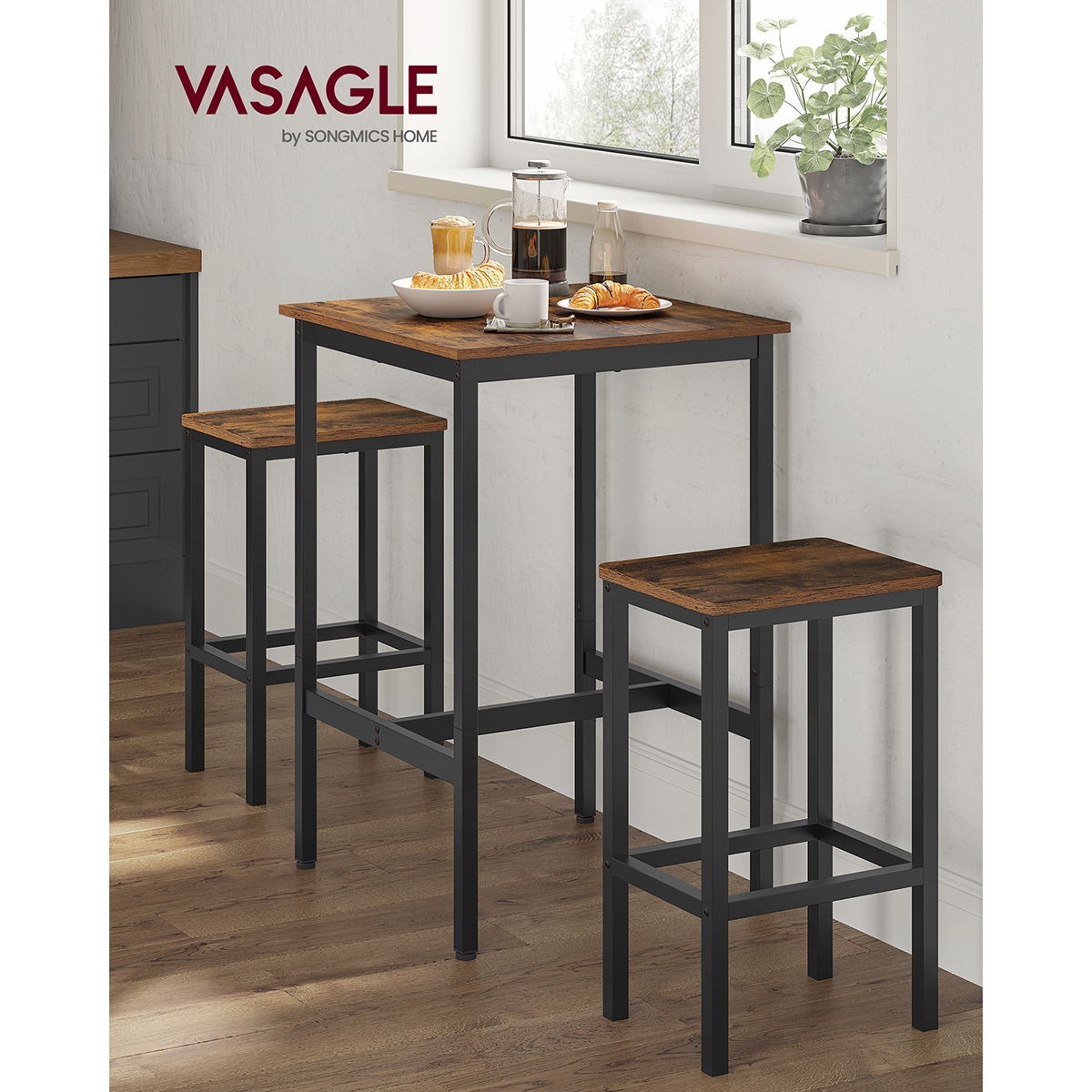 VASAGLE Breakfast Bar, Square Tall Bar Table, Heavy-Duty Steel Frame, 60 x 60 x 92 cm, Easy Assembly, for Kitchen Living Room