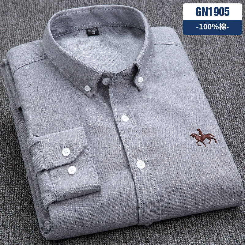 Camicia da uomo casual in cotone slim fit con logo cavallo camicia inferiore in pollici Camicia a righe a maniche lunghe con spinning Oxford