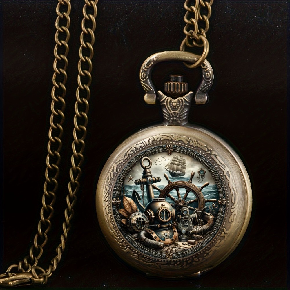 Relógio de bolso de quartzo com design de âncora de veleiro náutico exclusivo vintage, com pingente de colar de corrente, ótimo presente para crianças, homens