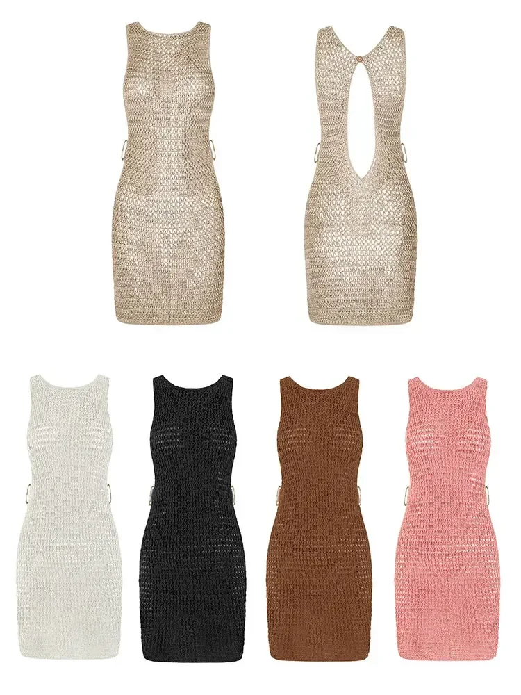 2024 verano Sexy un cuello recortado círculo decoración corsé ajustado playa Mini vestido mujeres playa ropa de playa traje de baño cubrir A2796