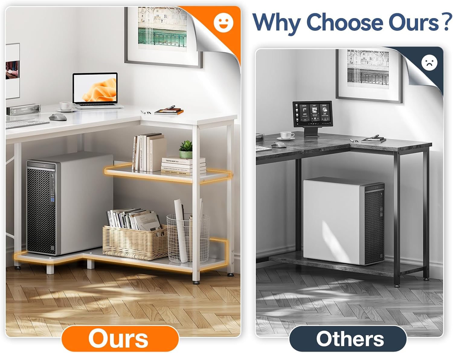 Casaottima L Shaped Computer Desk, 40 Inch Small Corner Desk with Storage Shelves & PC Stand, Reversible Gaming Desk for Bedroom