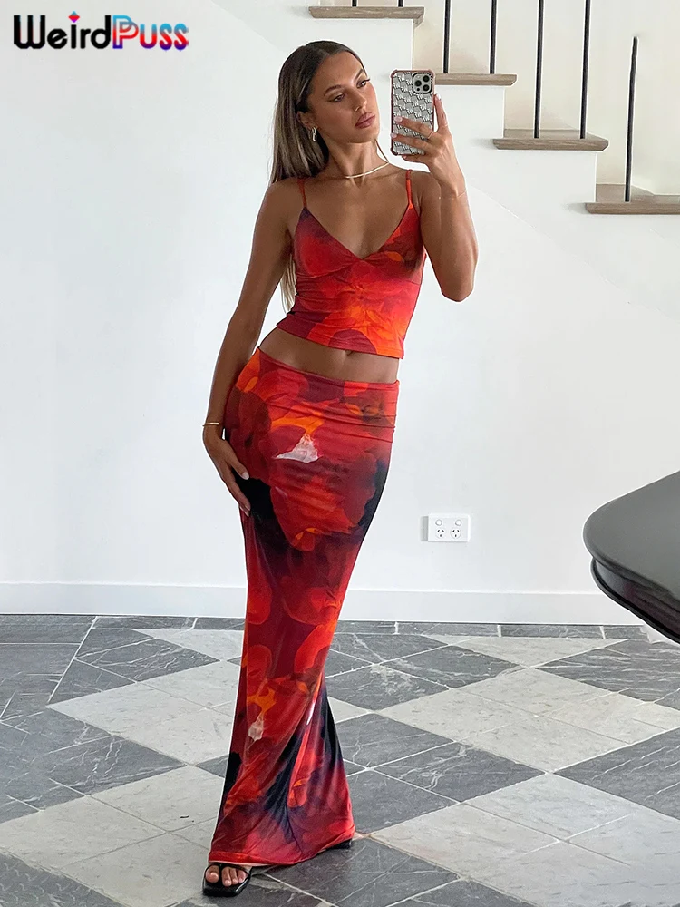 Weird Puss Tie-Dye Print 2-teiliges Set Damen Sommer Y2K Mode Hipster Elegantes V-Ausschnitt Leibchen + Maxiröcke Passende Streetwear