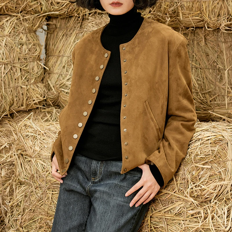 Veste en daim en cuir véritable pour femme, manteau en peau de mouton décontracté, col rond, manches longues, simple boutonnage, mode vintage, printemps et automne