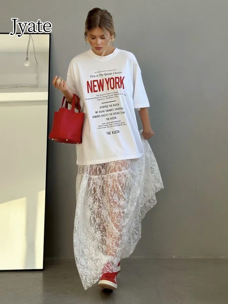 Jyate Jacquard Transparante Lange Kanten Rok Vrouwen 2024 Zomer Nieuwe Hoge Taille Sexy Casual Maxi Rokken Street Fashion Wit jupe