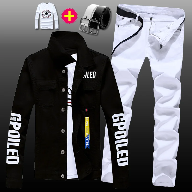 Conjunto de chaqueta vaquera para hombre, pantalones vaqueros ajustados, abrigo informal con letras impresas, con colgante, Color caramelo, 2 uds., novedad