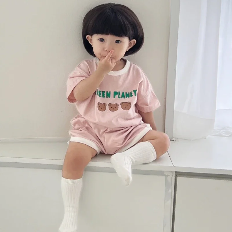 Chándales de verano para bebé, Camiseta de algodón con estampado de oso bonito + conjuntos de ropa deportiva informal corta para niño, conjunto de moda para bebés