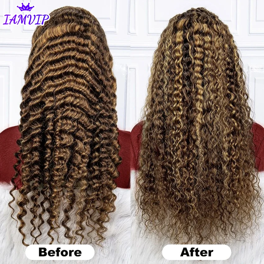 Peruca frontal de onda profunda com destaque, cabelo humano, frente de renda marrom, perucas sem cola, pronto para usar, 13x6 HD