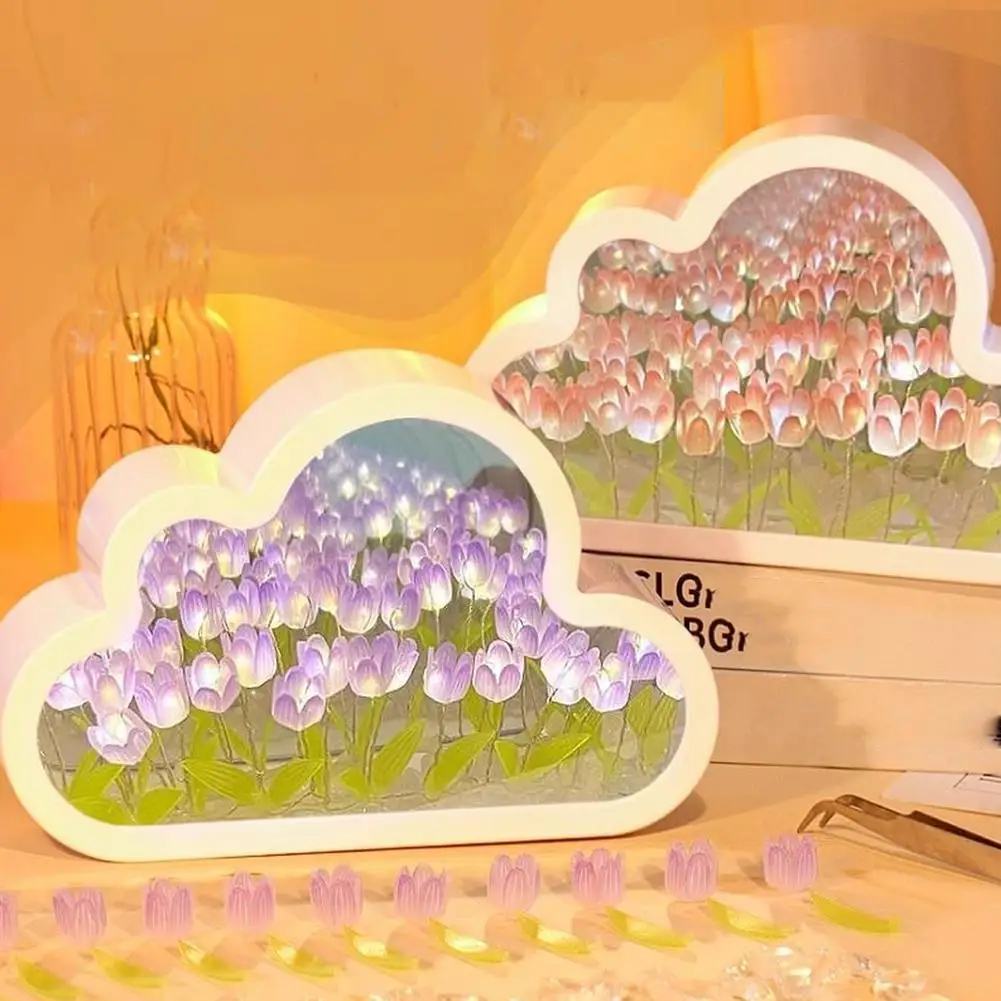 Lámpara de tulipán con espejo de nube DIY, luz nocturna, adornos para dormitorio de niña, marco de fotos, luz de noche de cristal hecha a mano para dormir, regalos de navidad ﻿