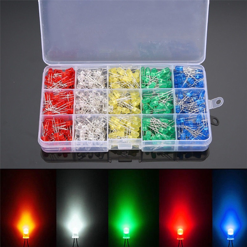 500pcs of F5 5mm LED light emitting diode box with red, yellow, green, white, blue, 5 colors, 100 units each，DIP LED