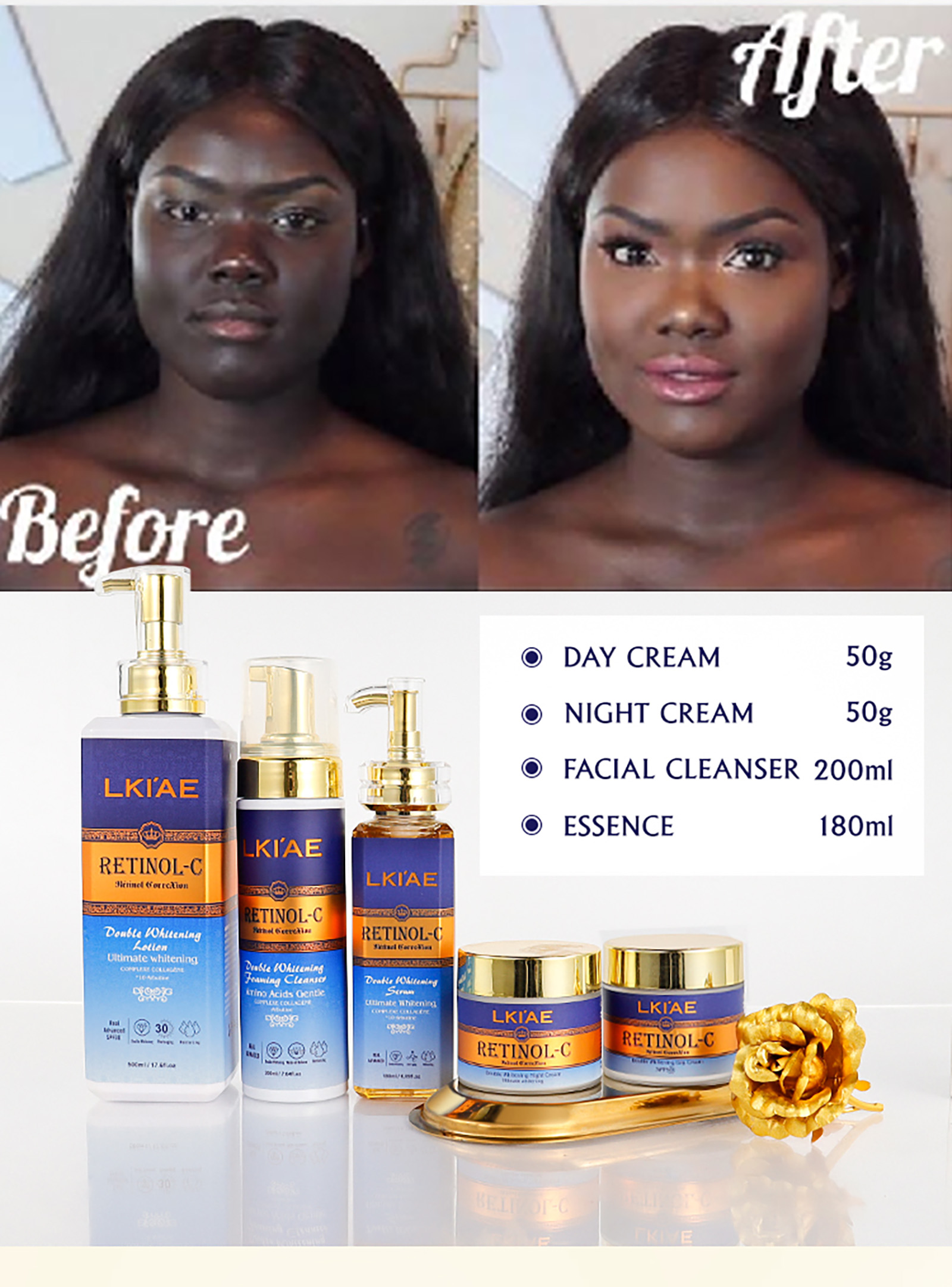 Conjunto de loção iluminadora brilhante, limpador, lavagem, rejuvenescedor, feminino, clareamento facial, conjunto de cuidados com a pele (novo) para pele escura