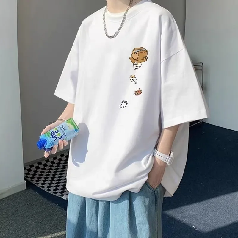 M-8XL de gran tamaño para hombre, moda coreana, holgada, americana, Vintage, estampado de gatito, manga corta, tendencia versátil, traje de pareja