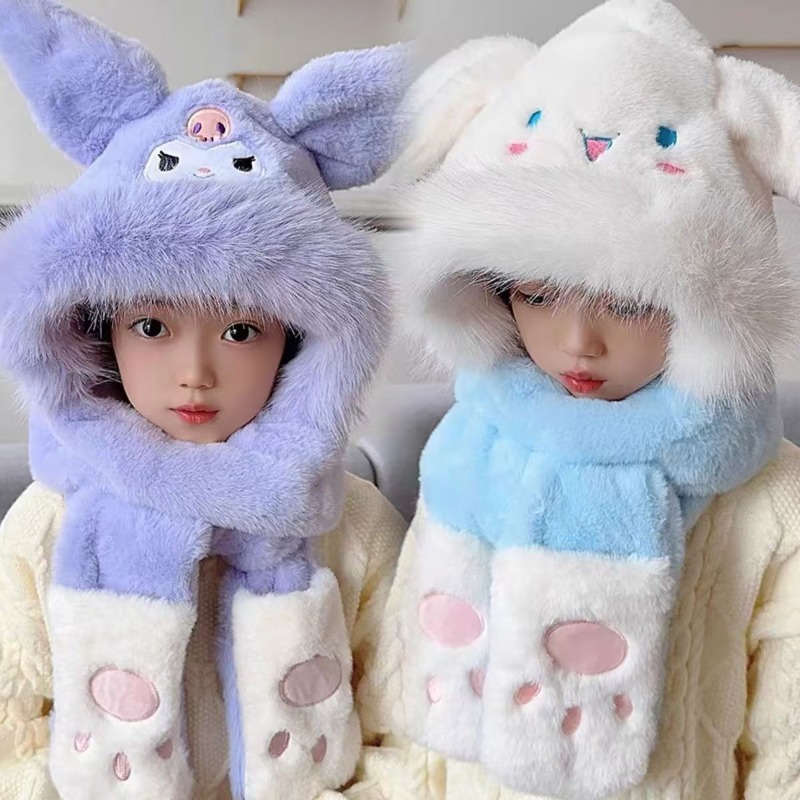 New Sanrio Kulomie Children's Winter Thickened Three-piece Scarf Airbag Hat Integrated Ears Will Move scarves hat
