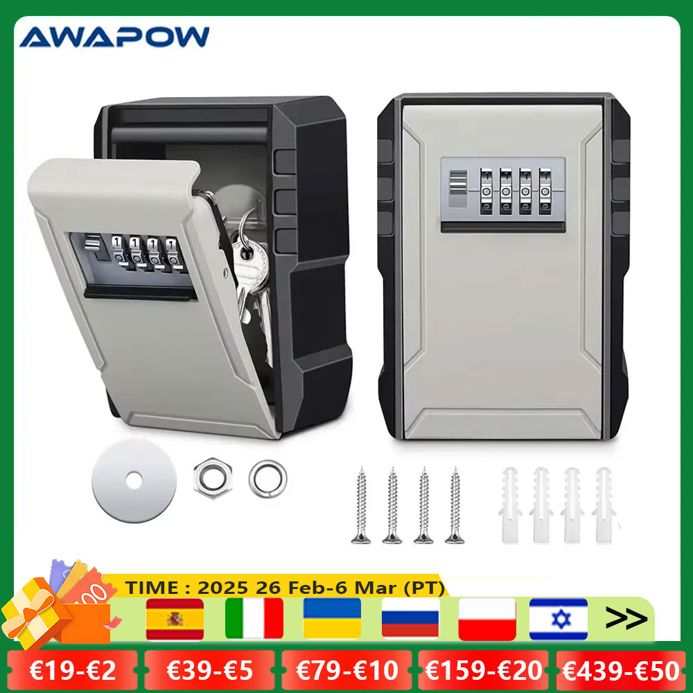 Awapow-caja de llaves con contraseña de Metal, caja de almacenamiento con contraseña de 4 dígitos montada en la pared, duradera, impermeable, antirrobo, organizador seguro