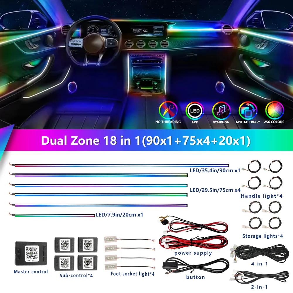 10/14/18 em 1 led luzes ambientais do carro 213 64 cores rgb sinfonia streamer bluetooth arco-íris tiras acrílicas kit de lâmpada atmosfera 12v