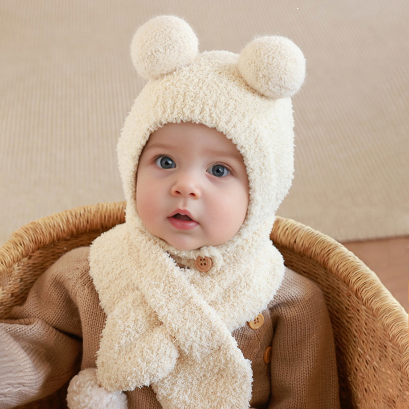 Chapéus e cachecol do bebê ajustado para a criança do inverno, velo coral, chapéu morno, gorro do tempo frio do infante com aquecedor do pescoço, tampas bonitos do menino e da menina