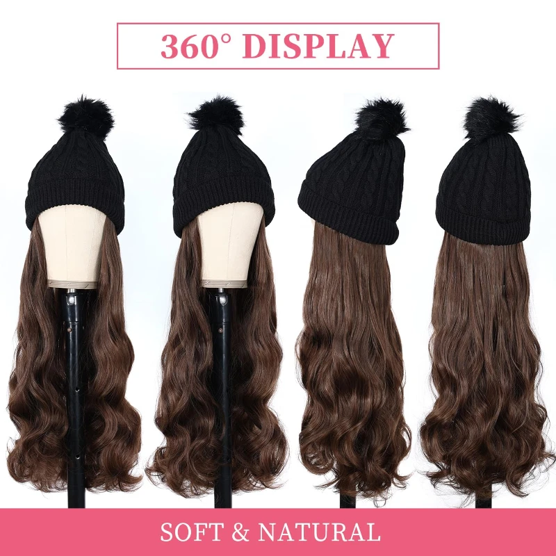 Extensões longas de cabelo ondulado para mulheres, boné de peruca sem aba, cabelos sintéticos de malha removível, chapéu, moda, inverno
