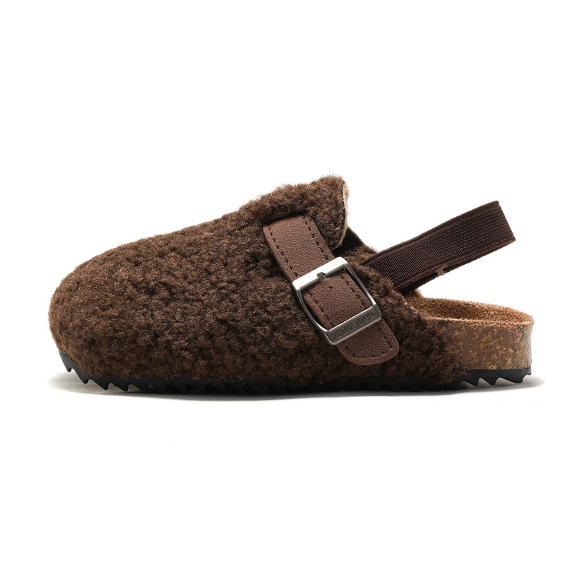 เด็กทารกเด็กชายหญิง WARM Fuzzy รองเท้าแตะรองเท้าแตะ Plush Cork Faux FUR Flats เด็กวัยหัดเดิน Prewalker รองเท้าแตะสายรัดด้านหลังยืดหยุ่น