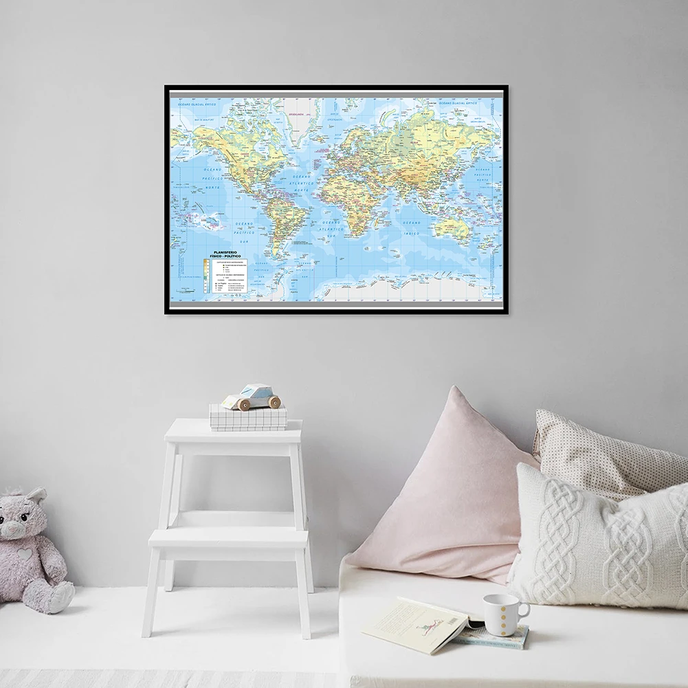 1pc 59x42cm Vinyl World Map Poster in Spanish Background Wall Decor Canvas Print Bedroom Office School Educational Supplies