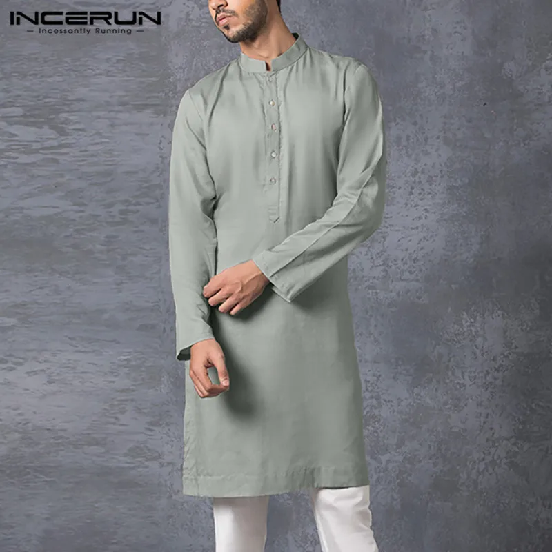 Incerun camisa muçulmana masculina gola manga longa árabe islâmico kaftan cor sólida streetwear casual camisas longas roupas masculinas 5xl