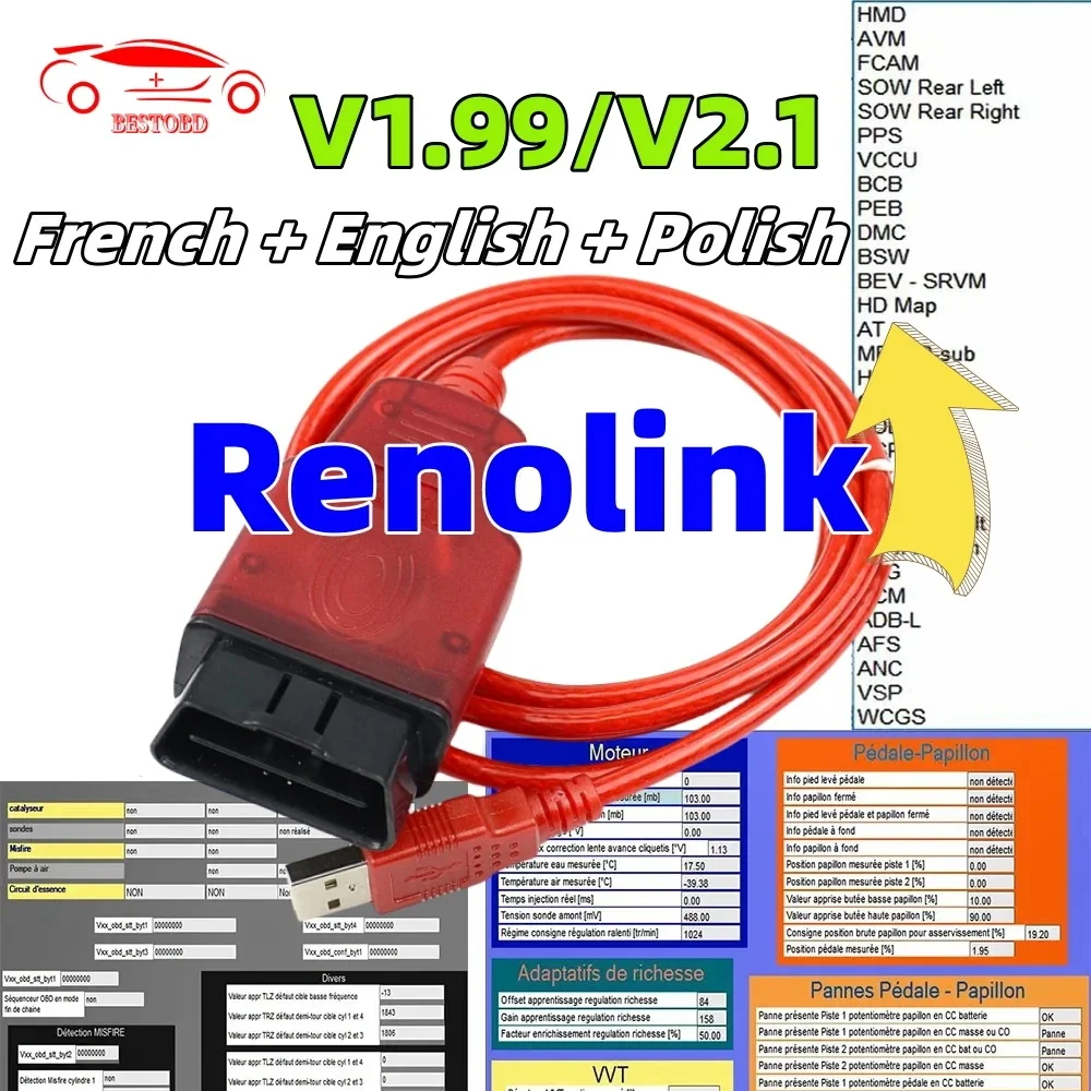 Renolink-herramienta de diagnóstico automático para coche, programador ECU para Renault OBD2, Airbag, reinicio OBD 2 OBD2, ECM UCH Key, V1.99