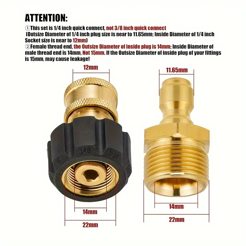 High-Pressure Adapter Kit, M22 14mm/15mm to 1/4" Quick Connect, 5000PSI for Hose & Gun Accessories