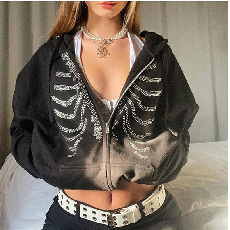 Sudaderas de gran tamaño con cremallera negra gótica para mujer, sudaderas con capucha de esqueleto de diamantes de imitación Y2K, chaqueta con capucha Retro Harajuku para mujer, ropa de calle