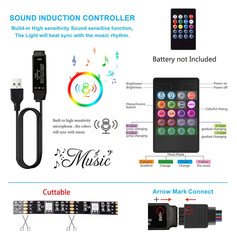 NOWYEY LED Strip 5V 5050 RGB USB Flexible Ribbon With Sound Sensor With 24 Keys Remote Control For TV Background Lighting