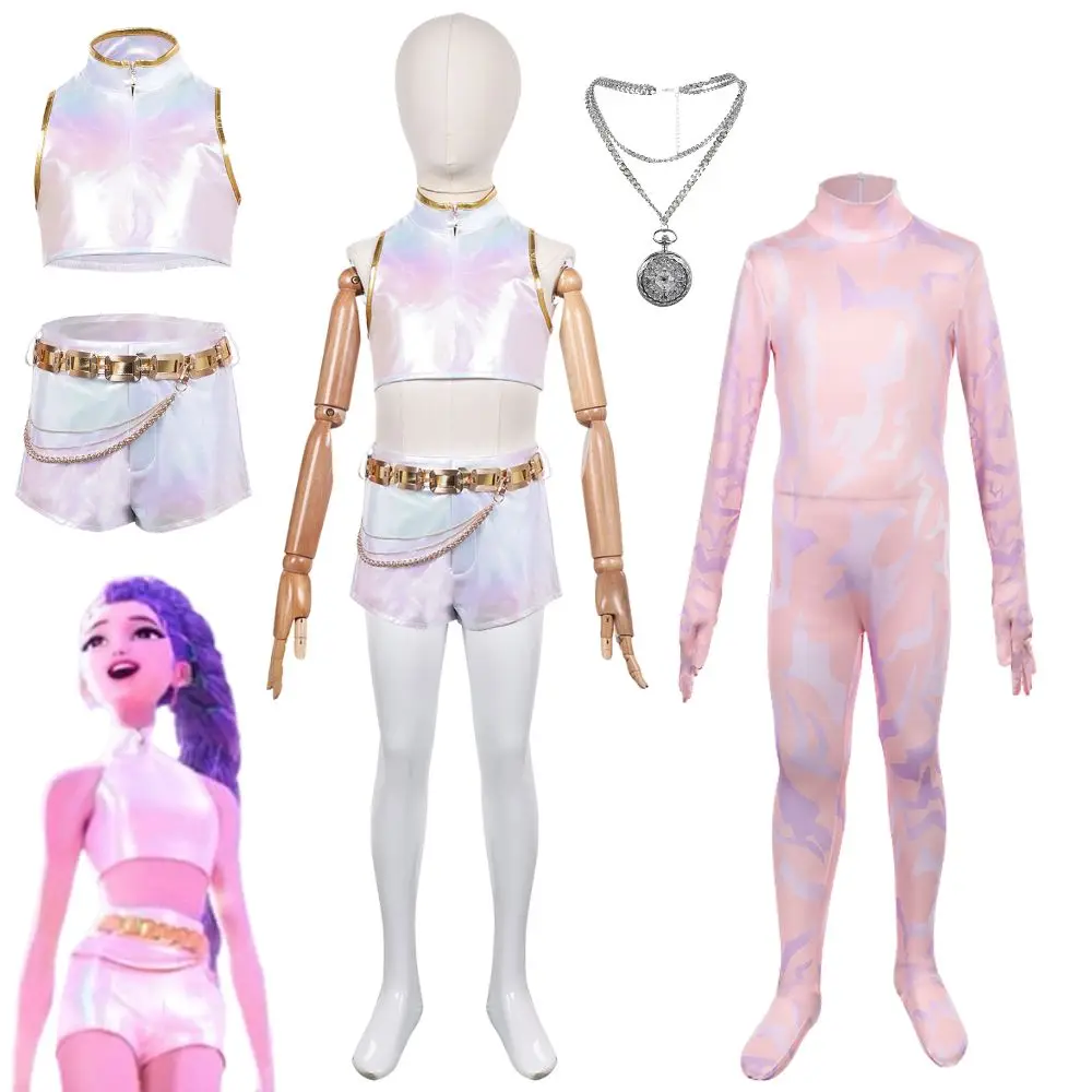 Kids Girls Kpop Rumi Demon Hunters Cosplay Fantasia Costume Disguise Clothing Jumpsuit Roleplay Outfits Halloween Carnival Suit